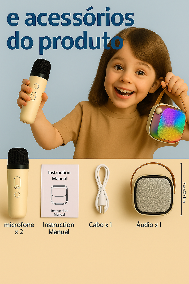 Mini Caixa de Som Bluetooth com Karaokê, 2 Microfones e Luz LED RGB Portátil 5W – K12