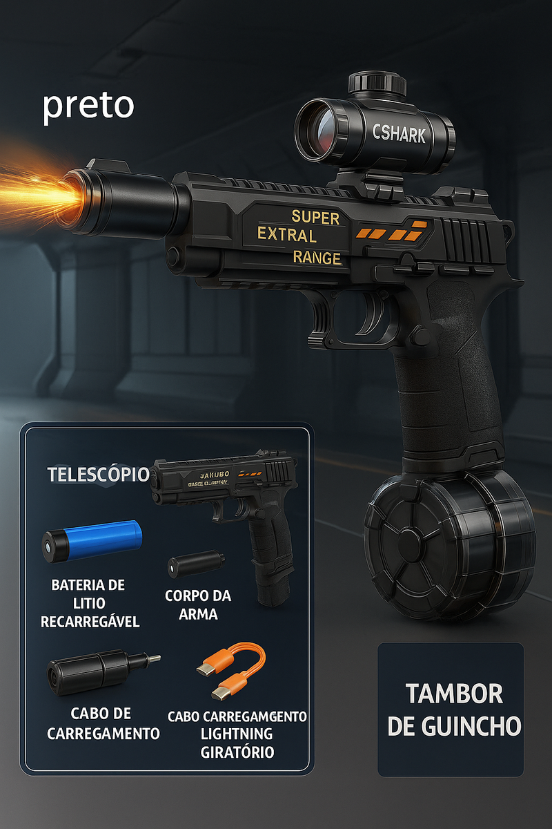 Pistola de Água Elétrica com LED Recarregável – Jato Duplo e Canos Giratórios