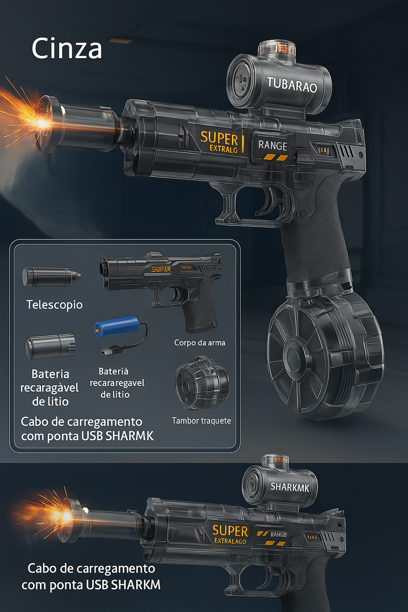 Pistola de Água Elétrica com LED Recarregável – Jato Duplo e Canos Giratórios
