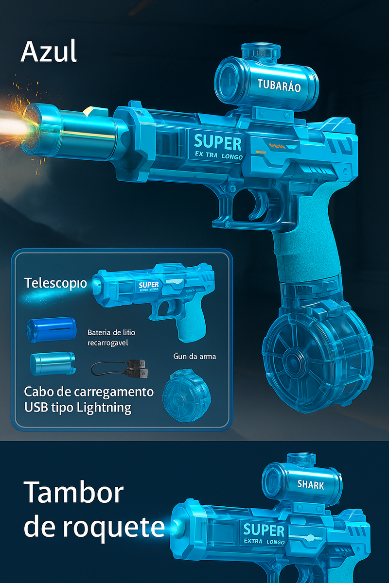 Pistola de Água Elétrica com LED Recarregável – Jato Duplo e Canos Giratórios
