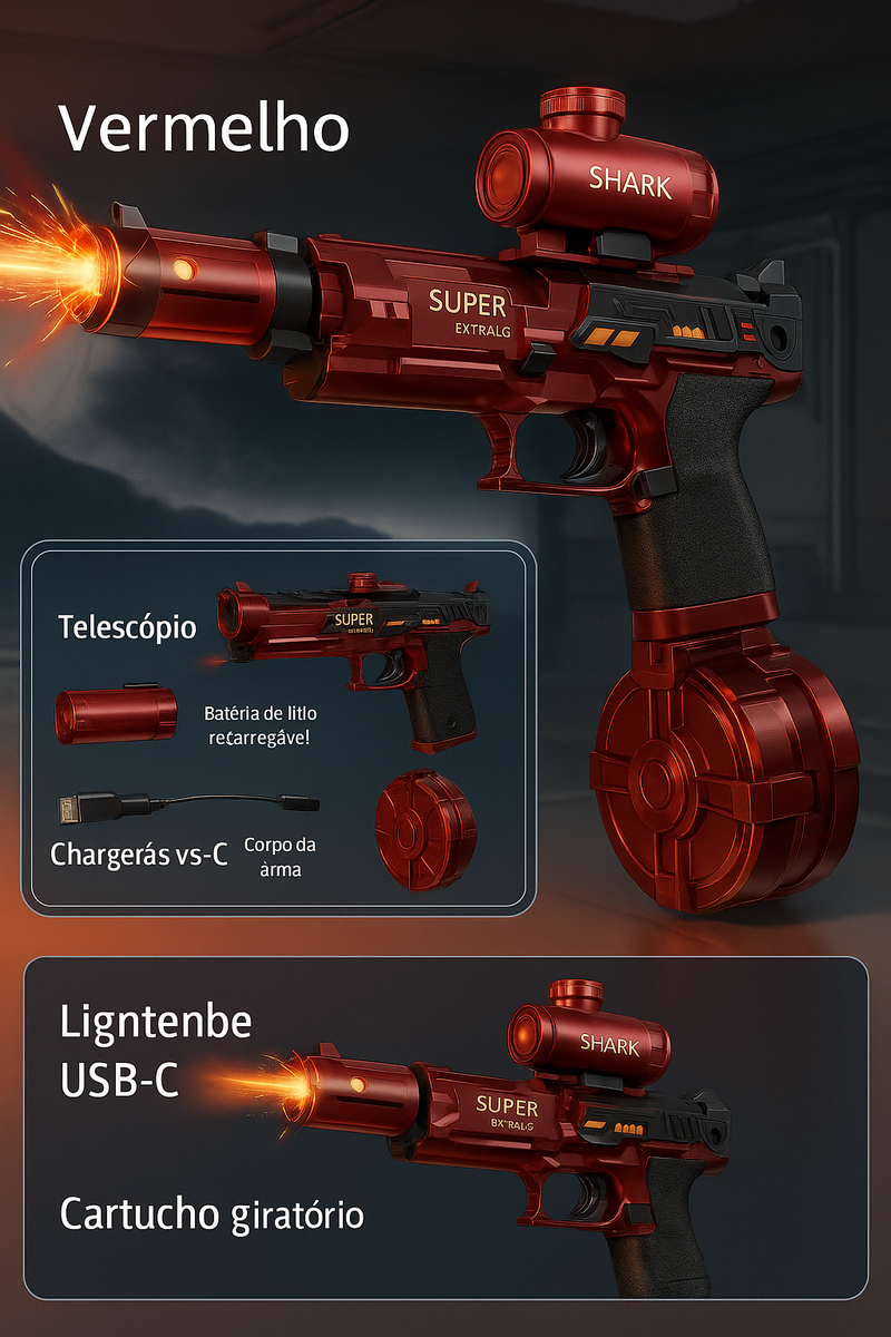 Pistola de Água Elétrica com LED Recarregável – Jato Duplo e Canos Giratórios