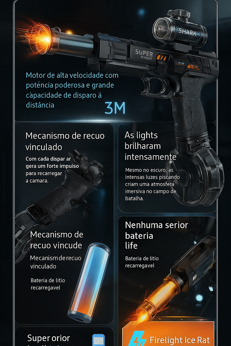 Pistola de Água Elétrica com LED Recarregável – Jato Duplo e Canos Giratórios