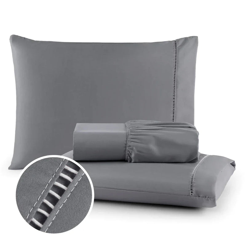 Conjunto de Cama 3 Peças Cinza – Lençol com Fronhas para Solteiro, Casal, Queen e King