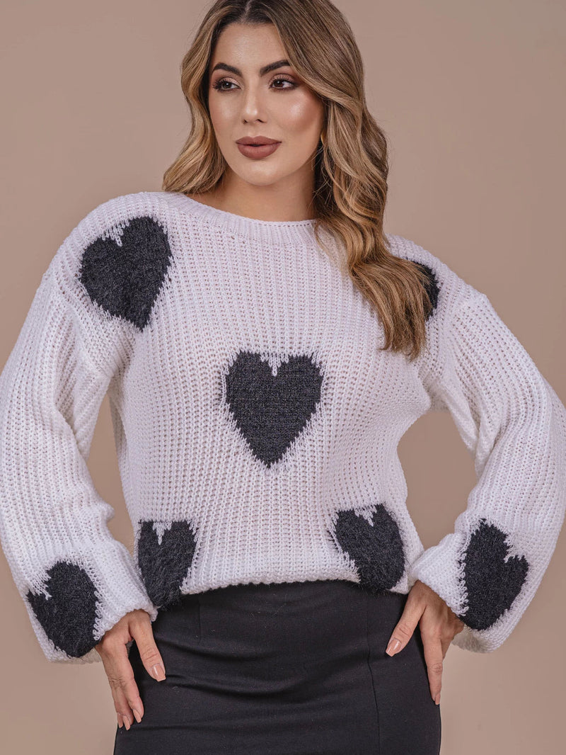 Blusa de Coração com Pelinho Tricô Lã Fang Manga Bufante Feminina Oversize Inverno Frio Laffy Tricot