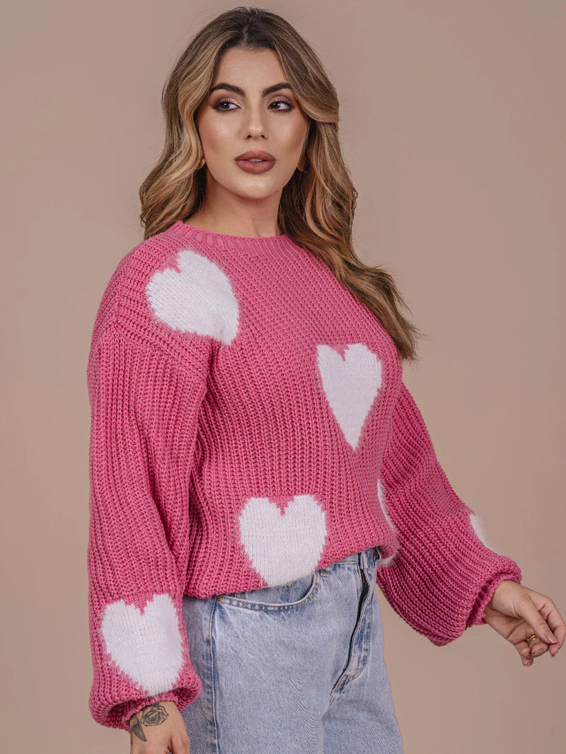 Blusa de Coração com Pelinho Tricô Lã Fang Manga Bufante Feminina Oversize Inverno Frio Laffy Tricot