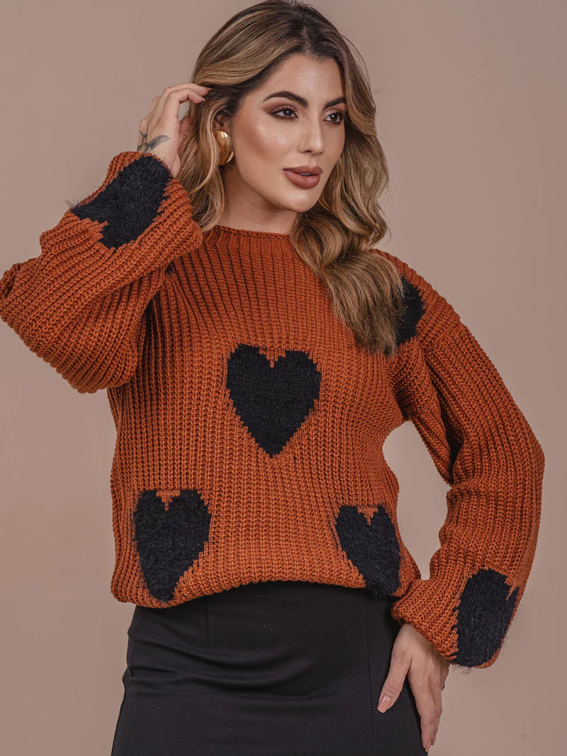 Blusa de Coração com Pelinho Tricô Lã Fang Manga Bufante Feminina Oversize Inverno Frio Laffy Tricot