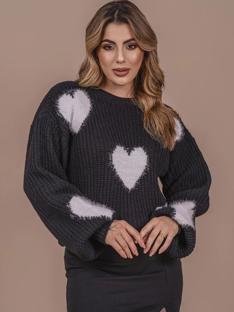 Blusa de Coração com Pelinho Tricô Lã Fang Manga Bufante Feminina Oversize Inverno Frio Laffy Tricot