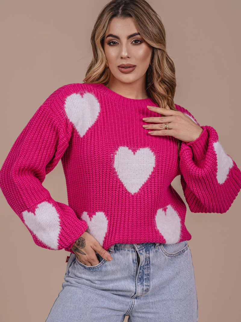 Blusa de Coração com Pelinho Tricô Lã Fang Manga Bufante Feminina Oversize Inverno Frio Laffy Tricot