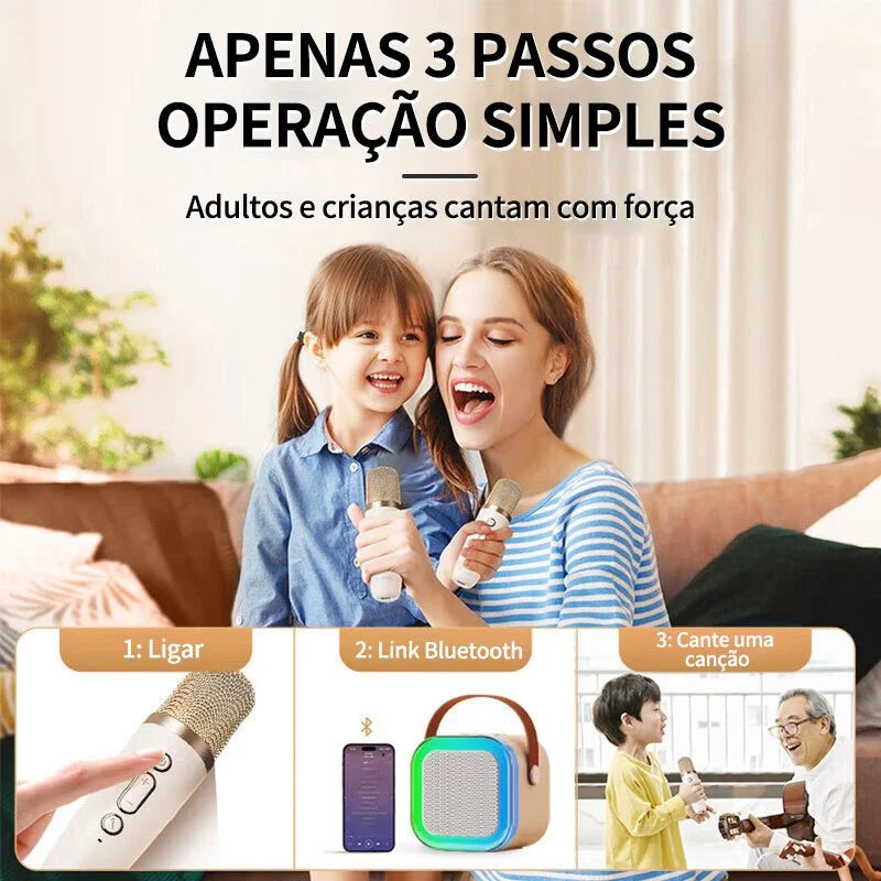 Mini Caixa de Som Bluetooth com Karaokê, 2 Microfones e Luz LED RGB Portátil 5W – K12