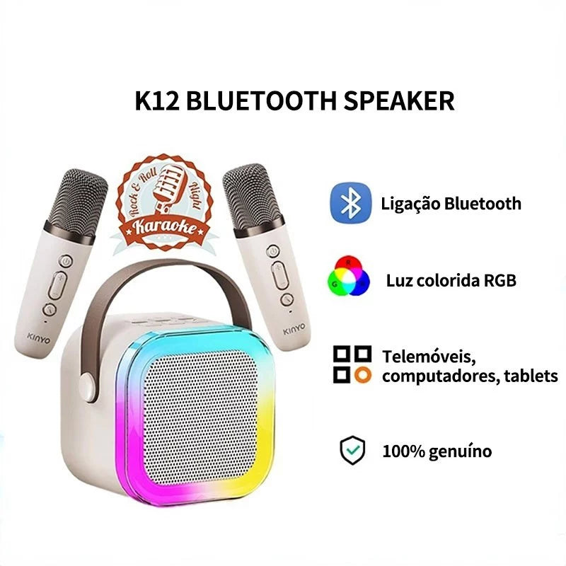 Mini Caixa de Som Bluetooth com Karaokê, 2 Microfones e Luz LED RGB Portátil 5W – K12
