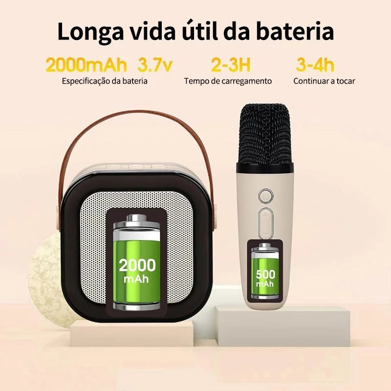 Mini Caixa de Som Bluetooth com Karaokê, 2 Microfones e Luz LED RGB Portátil 5W – K12