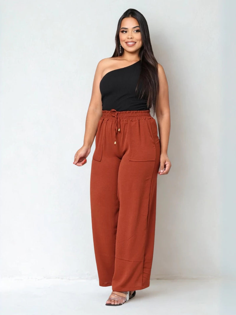 Calça Pantalona Feminina Plus Size com Bolso – Cintura Alta em Tecido Duna (P ao EGG)