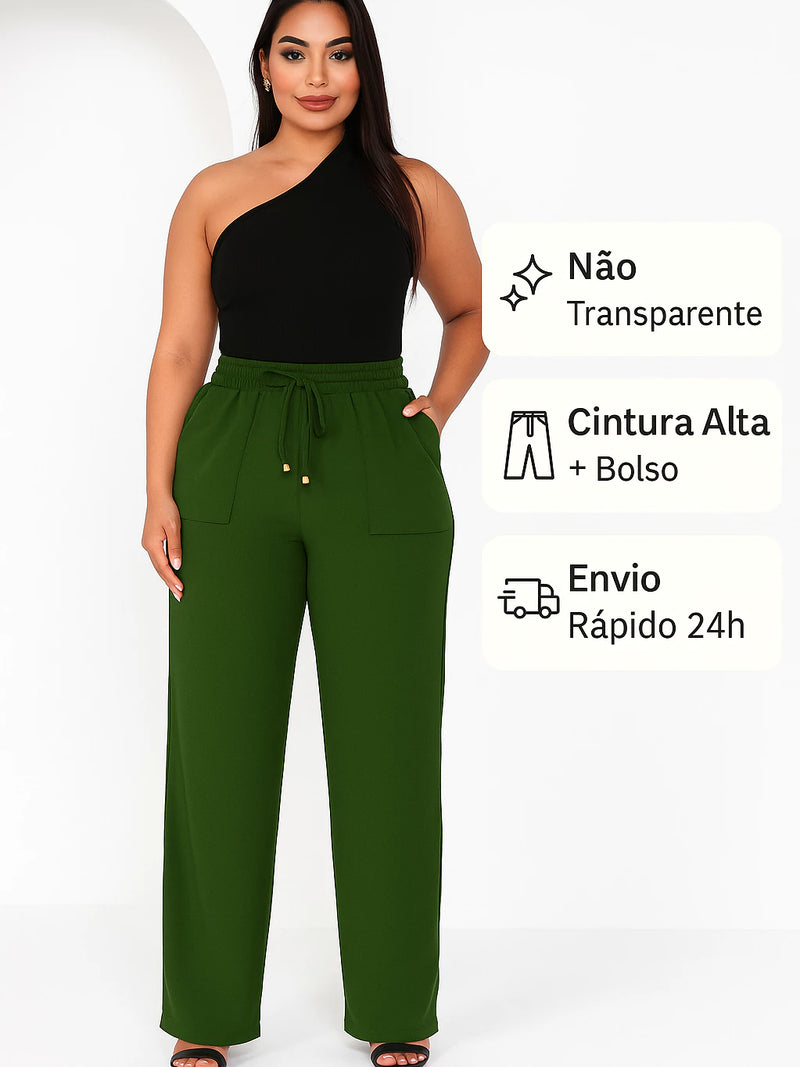 Calça Pantalona Feminina Plus Size com Bolso – Cintura Alta em Tecido Duna (P ao EGG)