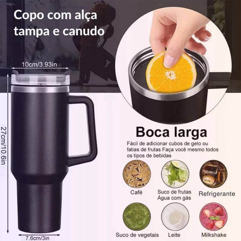 Copo Térmico Inox 1200ml – COMPRE 1, LEVE 2! Tampa + Canudo | Parede Dupla Premium