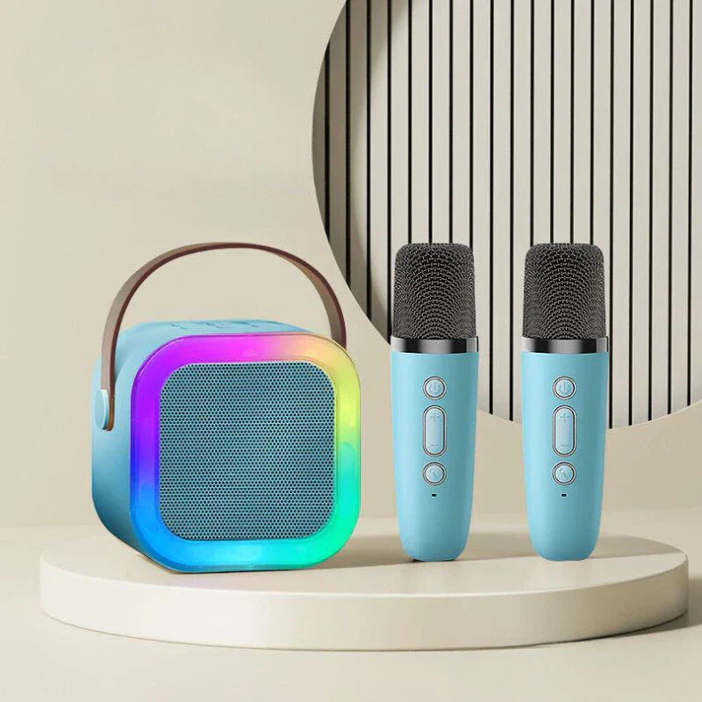 Mini Caixa de Som Bluetooth com Karaokê, 2 Microfones e Luz LED RGB Portátil 5W – K12