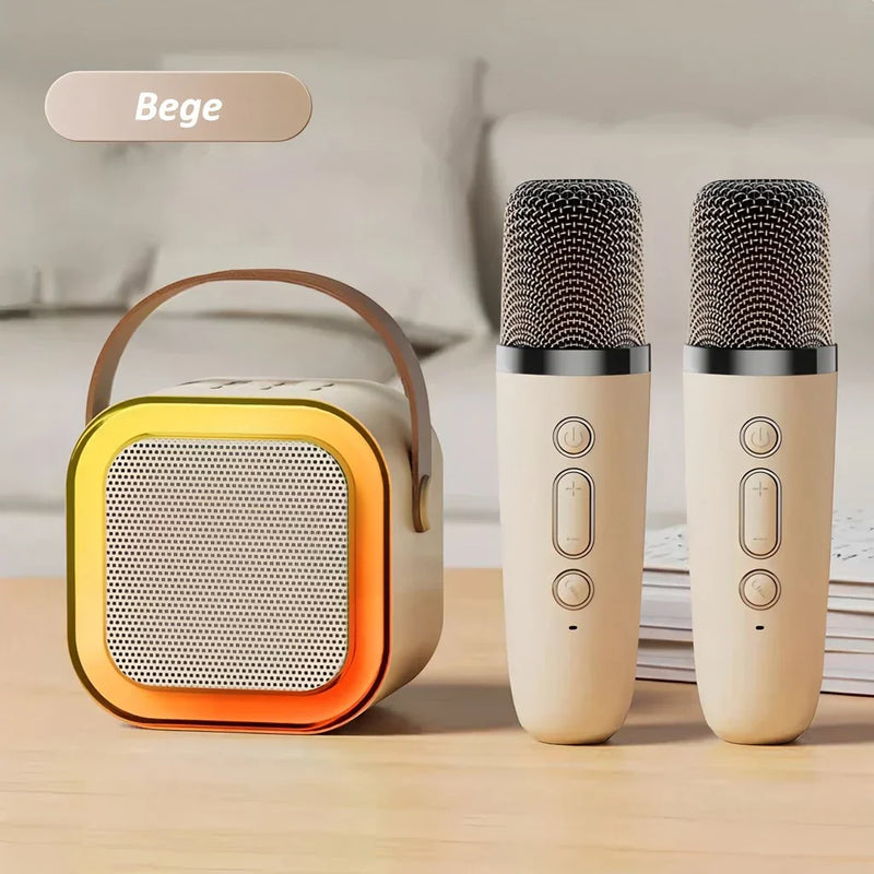 Mini Caixa de Som Bluetooth com Karaokê, 2 Microfones e Luz LED RGB Portátil 5W – K12